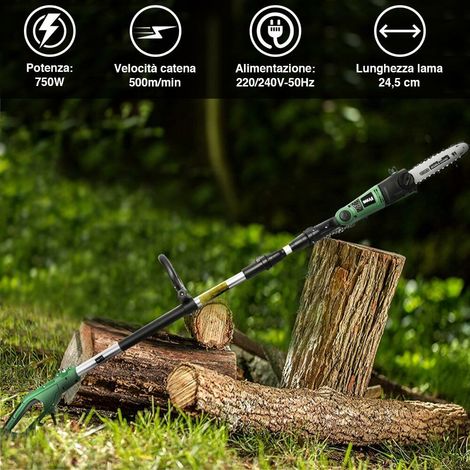 Bakaji Potatore Telescopico Elettrico Motosega 750W Asta Estensibile 2,70 mt Elettrosega Lama 25,5 cm con Inclinazione Sega Regolabile e Freno Meccanico Taglia Rami Legna Alberi Giardino (1/5)