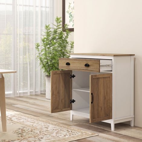 Buffet Salon, Meuble de Rangement avec 2 Portes, Tiroir, Étagère Réglable, 78,5 x 39 x 89,4 cm, Blanc et Chêne (1/5)