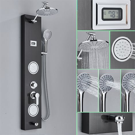 de douche en acier inoxydable noir avec affichage de la température, pommeau de douche de massage, paroi de douche murale de salle de bain (1/5)