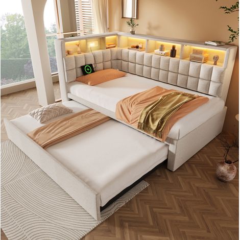 Letto a scomparsa 90x200 con LED, Bluetooth, USB-C, beige DESVIAE (1/5)