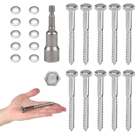 10 PCS Vis Tire-Fond Tête Hexagonale M8 x 100 mm Inox AISI 304 (A2), Tirefond Beton avec Rondelles et Clé à Six Pans, Vis à Bois Tête Hexagonale Autoperceuse, pour Assembler le Bois (1/5)