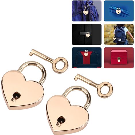 2 cadenas en forme de cœur avec clé squelette pour valise, journal ou boîte à bijoux
