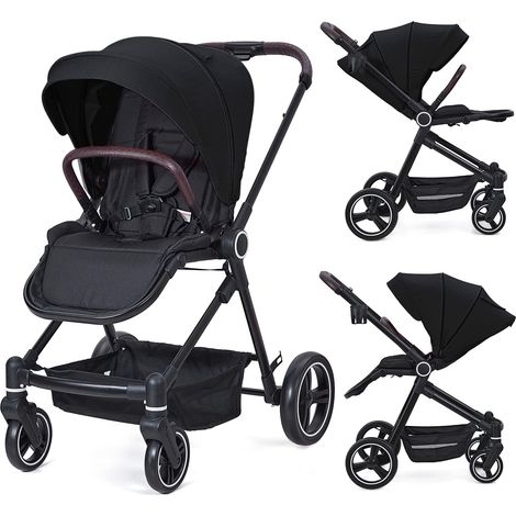 Black 2-Piece Baby Playpen Set, Compact Collapsible Design, 5-Point Harness, Large UV Canopy, Spacious Storage Basket