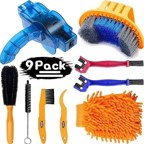 Kit de nettoyage pour vélo (9 pièces), comprenant un nettoyeur de chaîne, des brosses de nettoyage pour VTT/vélo de route. (1/5)