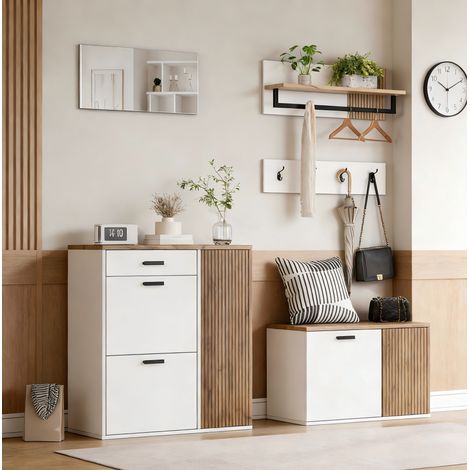 Mobile ingresso 5 pezzi con scarpiera, panca, specchio e 4 ganci bianco/rovere DESVIAE (1/5)