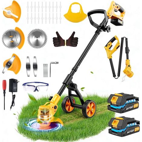 21V Cordless Electric Trimmer with 2 Batteries, Wireless Edge Trimmer with Charger and Removable Wheels, Cordless Trimmer with Battery for Mowing Garden and Lawn. (1/5)