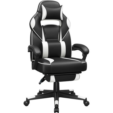 Fauteuil de Bureau, Chaise Gaming, Réglable, Repose-Pieds Télescopique, Mécanisme à Bascule, Appui-tête, Support Lombaire, Charge 150 kg, Noir d'encre et Blanc Nuage OBG73BW (1/5)
