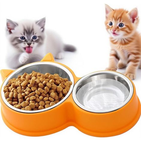 Ensemble de Bols Doubles pour Chats en Acier Inoxydable, Base antidérapante, Lavable au Lave-Vaisselle - pour Aliments secs et humides, Design en Forme de Chat Mignon (Jaune) (1/5)