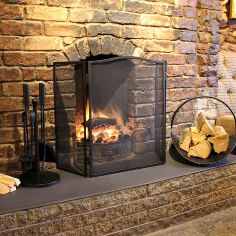 Marco Paul Folding Fire Screen 3 Panel Foldable Large Black Fire Protector Spark Guard Steel Mesh Protection Fire Guard Fireplace Screen Spark Resistant Safety Guard Three Fold Fireside Guard