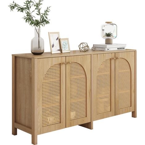 Buffet moderne au style minimaliste avec 4 portes en rotin, poignée métallique, meuble buffet simple pour salle à manger, salon et cuisine (bois naturel) (1/5)