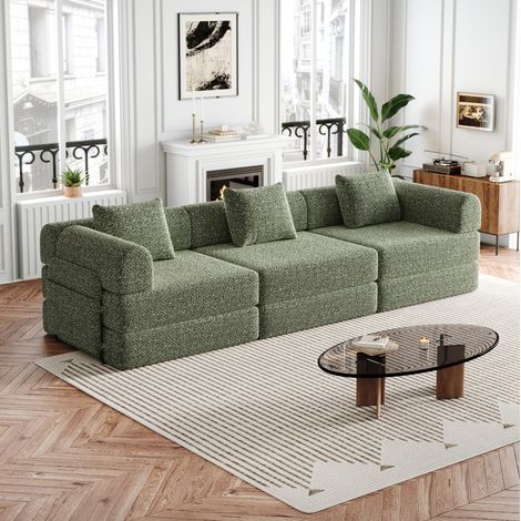 Canapé convertible vert en chenille avec rangement d’accoudoir et structure en acier (1/5)