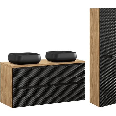 Doppelwaschtisch und Hängesäule 120cm Elora mit 4 Schubladen, Schwarz und Holzoptik