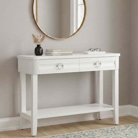 Dmora - Consola Pine, Mesa multiusos, Gabinete de soporte, Escritorio de pasillo, 110x40 h82 cm, Blanco (1/5)
