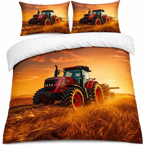Parure de lit 2 pièces, en microfibre, avec motif de tracteur agricole, housse de couette 135 x 200 cm et taie d'oreiller 80 x 80 cm, pour enfant, garçon, ferme, avec fermeture éclair (1/5)