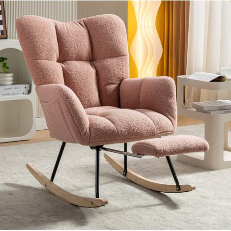 Fauteuil à bascule 80x98x98.5 cm rose en tissu Lammfell-Optik avec repose-pieds pliable