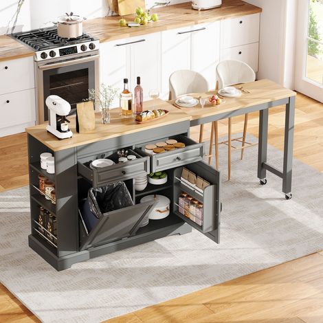 Isla de cocina móvil de 112-180x45 cm con encimera extensible, espacio de almacenamiento y ruedas, MDF y madera natural - gris (1/5)