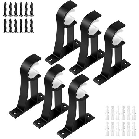 Juego de 6 soportes de barra de cortina de aleación de aluminio negro de alta resistencia con presillas de plástico para barras de 25 mm a 30 mm (1/5)