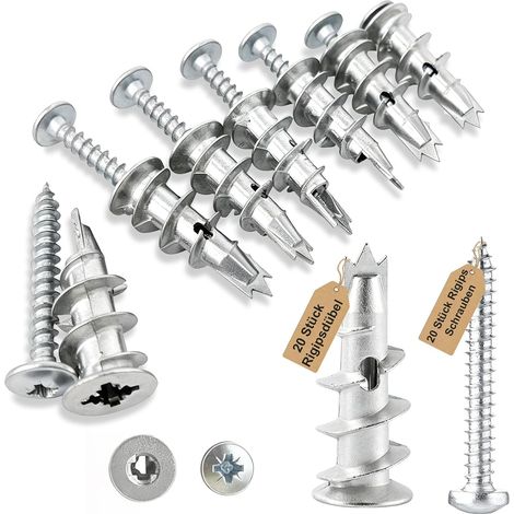 Lot de 20 chevilles autoperceuses pour plaques de plâtre - Chevilles en métal - Vis autoperceuses pour fixation dans le béton, les briques, les plaques de plâtre, etc (1/5)