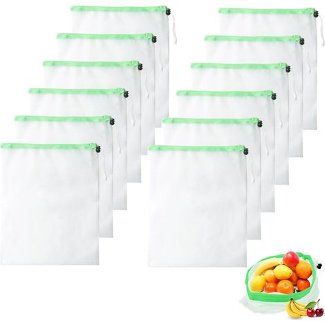 12 Pièces Sac Filet, 35 x 30 cm Sac Legumes Reutilisable avec Cordon de Serrage, Sacs en Filet Réutilisables pour Aliments, Légumes, Fruits et Jouets (1/5)