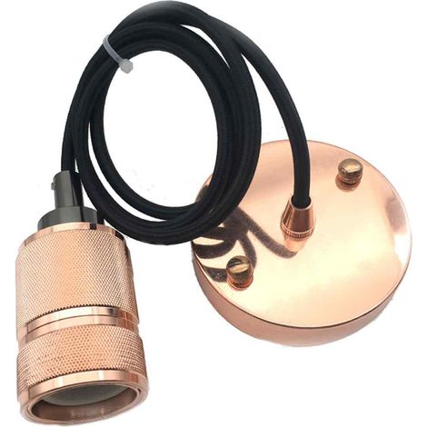 Douille Suspension - Aluminium Cuivré Rosé - Cordon Coton Tressé 120 cm - Culot E27 - 60 W Max - IP20 - 47 x 47 x 64 mm (1/5)