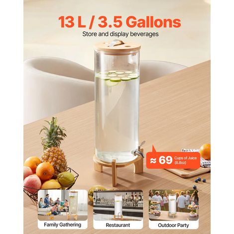 Distributeur de Boissons Grande Capacité de 13 L, Fontaine à Eau en Verre, Distribution d’Eau Jus Limonade Thé Glacé, avec Support… (1/5)