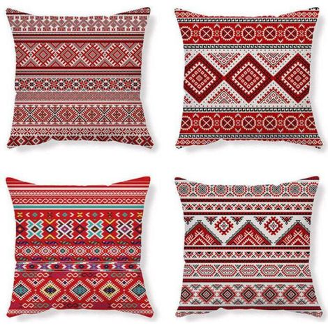 Taie D Oreiller - Lin 45x45 Cm - Design Ethnique - Pour Canapé Ou Lit - Lot De 4 (1/4)