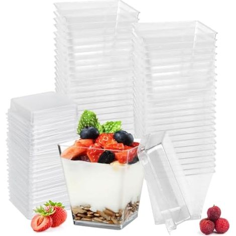 50 Pcs Coupes à Dessert avec Couvercles, Tasse à Dessert Transparent 210 ml/7 oz, Verrines Apéritif Portables, Petit Coupe Glace Réutilisable, pour Pudding Mousse Tiramisu Fête Anniversaire (1/5)