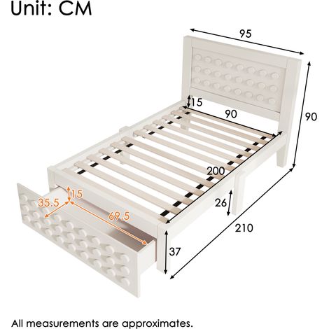 Cadre de lit en bois massif blanc 90x200 cm, simple avec tiroirs de rangement intégrés, sommier inclus, design créatif pour chambre enfant et adolescent, sans matelas (1/4)