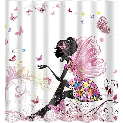 JSSEVN - Raincoat curtain with rings, pink flower pattern, 180x180cm (1/5)