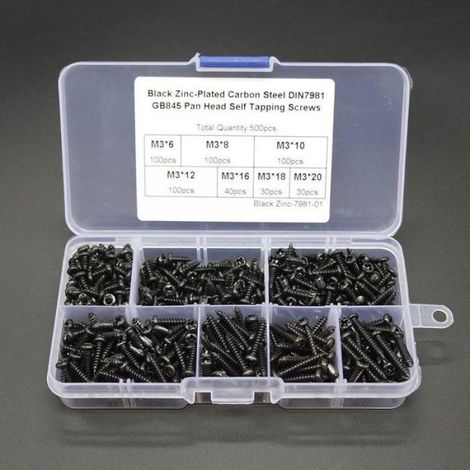 Vis Autotaraudeuse M3 - Acier Carbone Plaqué Zinc Noir - Tête Bombée - 500 Pièces - Longueurs 6 8 10 12 16 18 20 mm (1/4)
