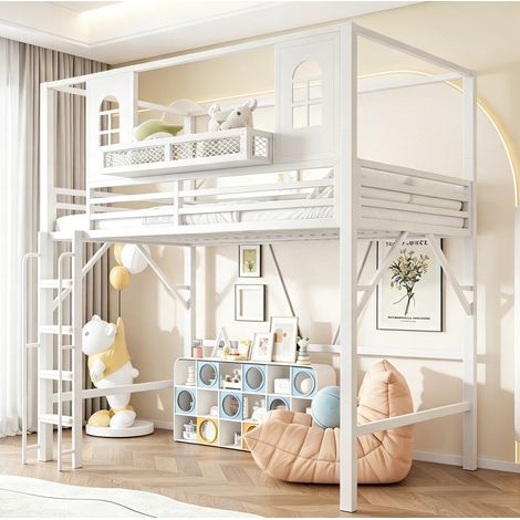 Letto a soppalco per bambini 204x108.7x224.5 cm, con tetto e finestre, scala con corrimano, metallo bianco (1/5)