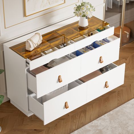 Commode à bijoux en panneaux de particules blancs, plateau en verre, 6 tiroirs compartimentés, 120x40x78 cm