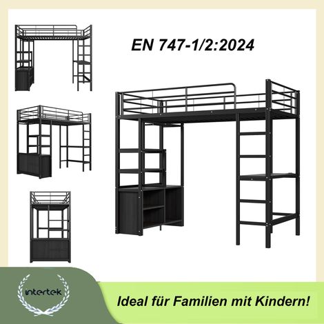 Lit surélevé 90x200cm sans matelas, bureau intégré, prises USB et électrique, étagères multiples, placard ouvert, garde-corps, échelle, cadre en métal noir (1/5)