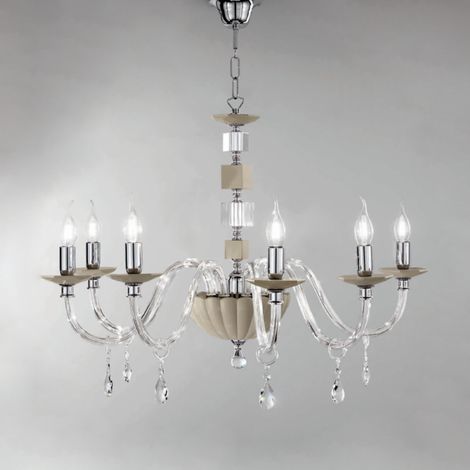 Lampadario sospeso LIVIA in vetro e cristallo D70 cm Tortora 6 luci (1/2)