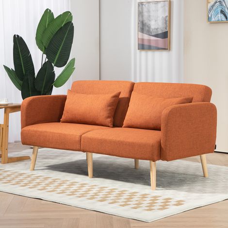 Dreisitzer-Schlafsofa mit Klick-Klack-Mechanismus, verstellbarer Rückenlehne und verstellbaren Armlehnen, brauner Stoff in Leinenoptik