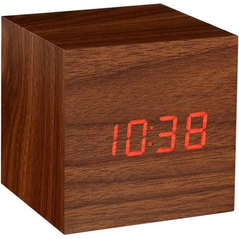 Réveil numérique cube bois marron AUCUNE, tactile sonore, horloge bureau portable, affichage heure température calendrier (1/5)
