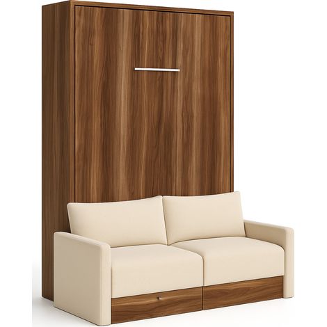 Lit escamotable vertical à tiroirs et canapé tissu VALENCIA Matelas mousse 18 cm Beige-Avec matelas-80x180-Canapé Beige-Structure Noyer (1/5)