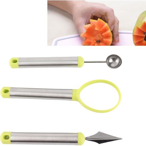Juego de herramientas de cocina de 3 piezas para tallar frutas y bolas: cortador de galletas, cuchillo para tallar, ABS + acero inoxidable 430, verde, multiherramienta para el hogar y el restaurante. (1/5)
