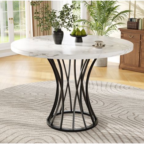 Table à manger ronde 80/80/76 cm noire avec plateau effet marbre et pieds en métal (1/5)