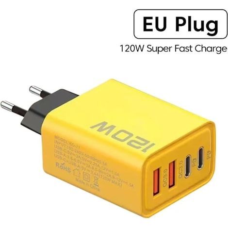 120W fast charger, USB Type C Quick Charge 3.0 adapter for iPhone, Samsung and Xiaomi (PD), EU yellow plug. (1/5)