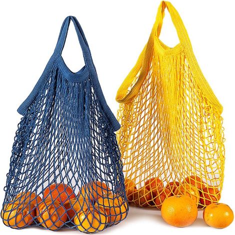 Deux sacs de courses en filet de coton avec poignées courtes, sacs de plage pliables, adaptés au transport de légumes et de courses.