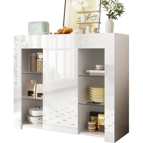 Credenza Moderna 95x35x83 cm, Compatta con Ripiani in Vetro, Anta e Frontale Bianco Lucido, per Soggiorno, Sala o Cucina (1/5)