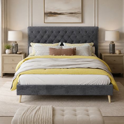 MEUBLIV Letto 140x200 cm grigio - testiera imbottita, struttura bassa, senza materasso (1/5)