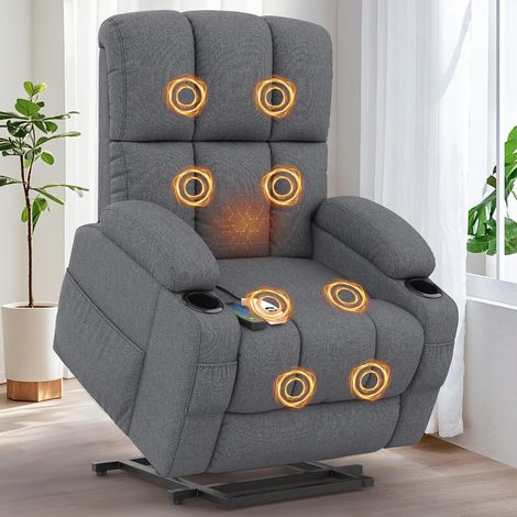 Fauteuil de massage de loisirs, avec fonction d'inclinaison, chauffage du dossier, ports USB et Type-C, 4 poches latérales, 2 porte-gobelets, fauteuil TV, tissu gris foncé