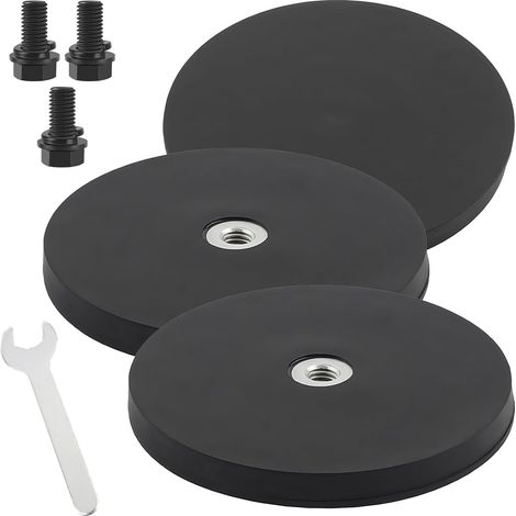 Lot de 3 aimants en néodyme caoutchoutés - Grands aimants puissants - Diamètre : 88 mm - Avec filetage extérieur M6 et petite clé hexagonale - Force d'adhérence de 30 kg - Aimants à visser pour (1/5)