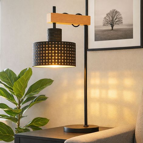 LED Tischlampe schwarz gold Tischleuchte höhenverstellbar Nachttischlampe Beistelllampe Holzoptik,6W 806lm warmweiß, LxH 31 x 55 cm