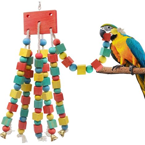 Jouet à mâcher suspendu en bois coloré pour perroquets et grands oiseaux (1/5)