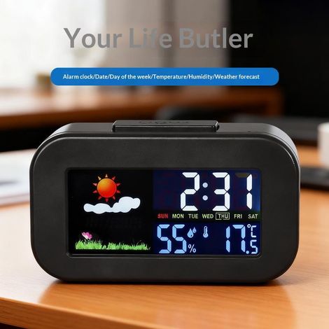 Color digital weather clock with simultaneous display of temperature and humidity, electronic alarm clock with colorful LED lights, multifunctional alarm clock. (1/5)