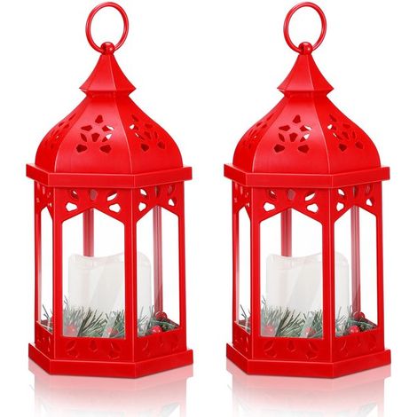 Set di 2 lanterne natalizie, lanterne da appendere con candele, lanterne vintage per interni, piccole lanterne vintage con candele LED scintillanti per la casa (1/5)