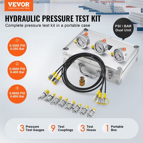 Kit de Test de Pression Hydraulique, 250/400/600 bars, 3 Manomètres, 9 Raccords, 3 Tuyaux de Test, Jauge de Test Hydraulique pour E… (1/5)